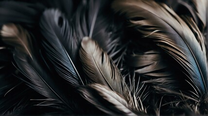 Soft black feathers close up texture with sunlight gentle background from Generative AI