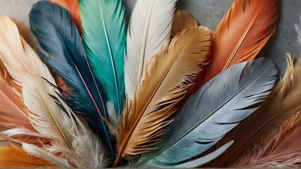 Soft colorful feathers close up texture with sunlight gentle background from Generative AI