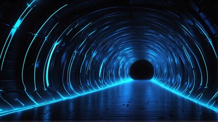 Tunnel warp made of neon blue rays of light in plain black background from Generative AI