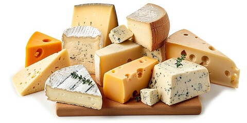 Assorted types of cheese separated on a plain white background, Generative AI 
