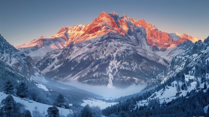 Mountain range at sunset, low angle, winter, golden hour lighting, peaceful - obrazy, fototapety, plakaty