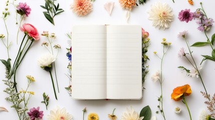 Open Journal Surrounded by Floral Blooms on White Background
