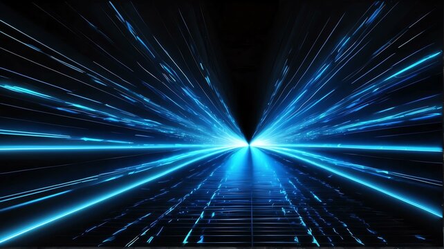 Tunnel warp speed motion made of neon blue rays of light in plain black background from Generative AI