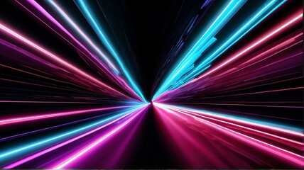 Tunnel warp speed motion made of neon vibrant colored rays of light in plain black background from Generative AI
