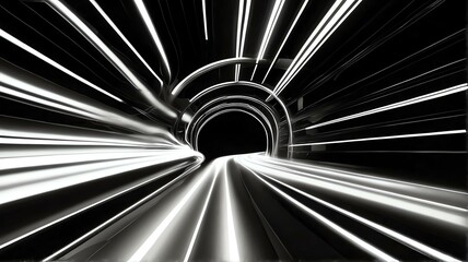 Tunnel warp speed motion made of neon white rays of light in plain black background from Generative AI