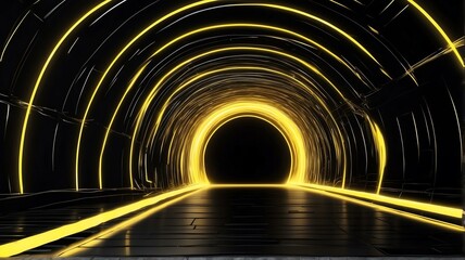 Tunnel warp speed motion made of neon yellow rays of light in plain black background from Generative AI