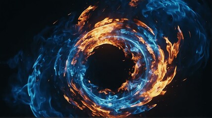 Abstract of blue fire flame circular vortex swirling with bright light and glowing ember particles, motion concept from Generative AI - obrazy, fototapety, plakaty