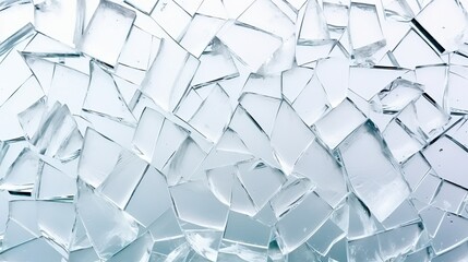 Broken glass pile pieces texture and background, isolated on white, cracked window effect - obrazy, fototapety, plakaty