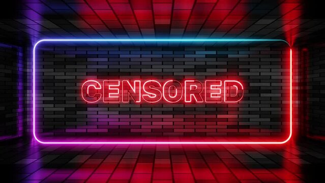 Neon sign censored in speech bubble frame on brick wall background 3d render. Light banner on the wall background. Censored loop adult content, design template, night neon signboard