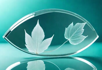 White transparent leaf on mirror surface with reflection on turquoise background macro. Artistic image of ship in water of lake. Dreamy image nature, free space.AI generated