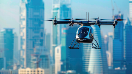 modern flying eVTOL transport flies against the backdrop of a big city