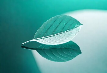 White transparent leaf on mirror surface with reflection on turquoise background macro. Artistic image of ship in water of lake. Dreamy image nature, free space.AI generated