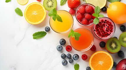 glasses of fresh juice with fruits on white background, copy space, generative ai