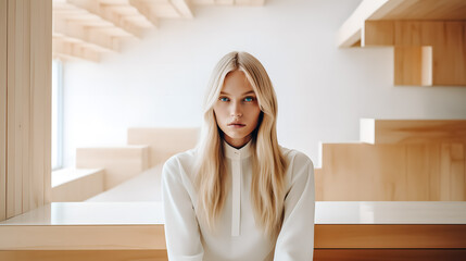 Jeune femme blonde devant une architecture moderne