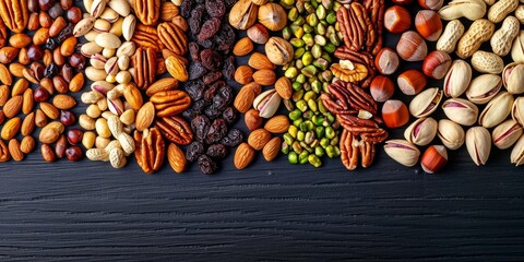 Top view of mixed nuts and dried fruits with various types of nuts: pecan, pistachios, almond, peanut, cashew, and pine nuts, Generative AI 