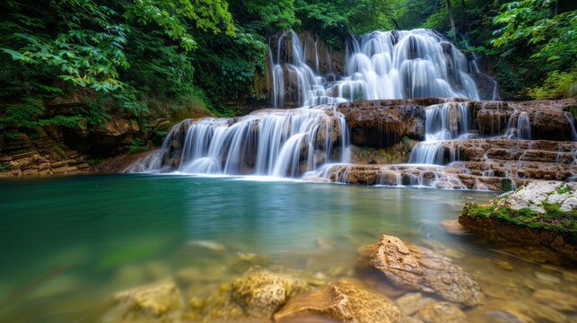 waterfall cascading into a crystal-clear pool, surrounded by verdant foliage, nature landscape