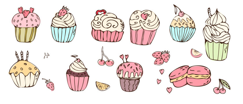 Doodle cupcakes and macaroons with cream, sweet food big set. Vector illustration can used for bakery background, invitation card, poster, textile, banner, greeting card, invitation card, bakery