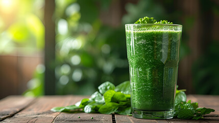 Glass of spirulina smoothie on table against blurred background, generative ai