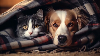 Dog and cat under a plaid. Pet warms under a blanket in cold autumn weather