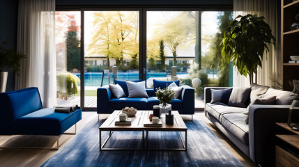 Salon avec canapé et table basse dans les tons bleus avec une porte fenêtre donnant sur la terrasse et la piscine - obrazy, fototapety, plakaty