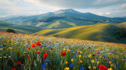 Rolling hills covered in wildflowers during spring, vibrant colors, nature landscape - obrazy, fototapety, plakaty