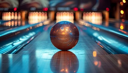 bowling ball and pins rolling down the lane - obrazy, fototapety, plakaty
