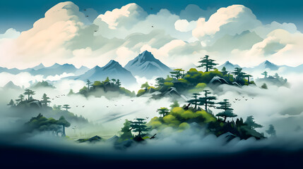 Paysage de montagne avec brume - obrazy, fototapety, plakaty