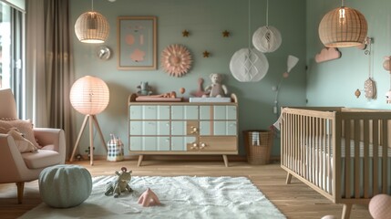 Scandinavian-style nursery with pastel colors, natural wood furniture, and playful decor