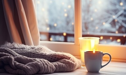 Coffee Cup Resting on Window Sill With Blanket