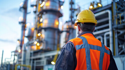 A worker in a yellow helmet and orange safety vest gazes at the towering structures of an industrial refinery.