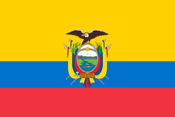 Close-up of yellow, blue and red national flag of country of Ecuador with condor and landscape. Illustration made February 17th, 2024, Zurich, Switzerland. - obrazy, fototapety, plakaty