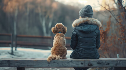 A person and their dog sit side by side on a bench, enjoying a quiet winter scene.