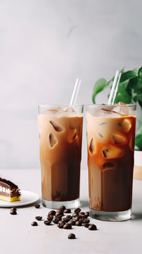 Two glasses of iced coffee on white table