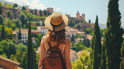 Beautiful tourist young woman walking in Granada city street on summer, Spain, tourism travel holiday vacations concept in Europe - obrazy, fototapety, plakaty