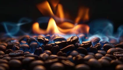 Deurstickers Roasting coffee beans capturing essence of rich aroma and taste close up view of transformation from green to brown art of turning raw beans into beverage for espresso cappuccino and morning coffee © Bussakon
