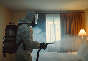 A pest control skilled sporting a protective gear sprays insecticide in a space in the bedroom and space, Generative AI. - obrazy, fototapety, plakaty
