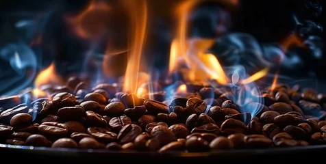 Gordijnen Roasting coffee beans capturing essence of rich aroma and taste close up view of transformation from green to brown art of turning raw beans into beverage for espresso cappuccino and morning coffee © Bussakon