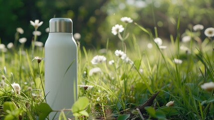 A rendition of a white stainless steel thermos bottle in grass over a natural setting and space, Generative AI. - obrazy, fototapety, plakaty