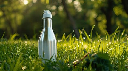 A rendition of a white stainless steel thermos bottle in grass over a natural setting and space, Generative AI.