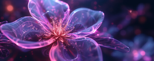 Mesmerizing 3D render of a neon-lit flower in a dark space, with petals formed by intricate geometric shapes