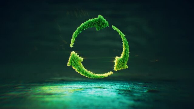 A symbol of arrows in a circle made up of lush green translucent leaves that are backlit against a dark blue background. Concept of reusability and environmental friendliness. 3d rendering.