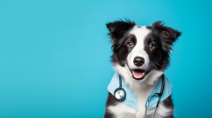 Puppy dog border collie and stethoscope isolated on blue background. Little dog on reception at veterinary doctor in vet clinic. Pet health care and animals concept. Banner - obrazy, fototapety, plakaty