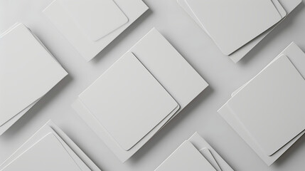 Minimal flat lay 3D render of a white geometric background, featuring a twisted deck of square blank cards with rounded corners.