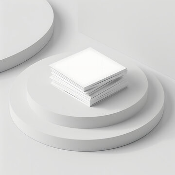 Minimal flat lay 3D render of a white geometric background, featuring a twisted deck of square blank cards with rounded corners.