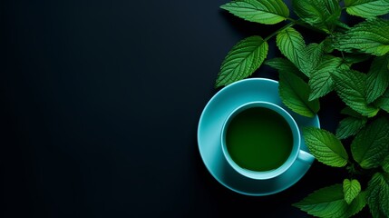 Style minimalism. A cup of fresh green tea or herbal tea with green mint leaves, above, the concept of the aromatic qualities of tea