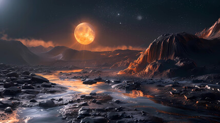 night on the planet with a view of the moon. rocky terrain. a stream and a ray of light in the darkness - obrazy, fototapety, plakaty