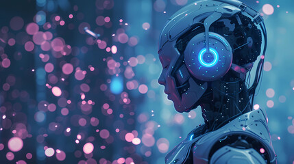 Cyberpunk cyborg portrait. Glowing neon light, bionic cyborg in armour. Futuristic gear, bokeh and energy. Science fiction