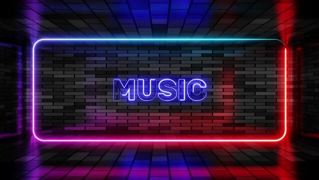 Neon sign music in speech bubble frame on brick wall background 3d render. Light banner on the wall background. Music loop broadcasting online, design template, night neon signboard