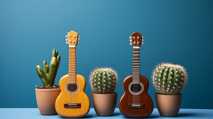 Obraz premium Cinco de Mayo concept. Two acoustic wooden guitars, cacti on a blue background.