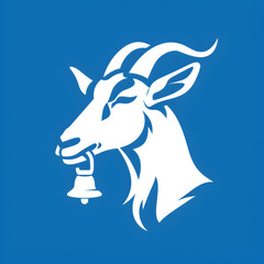A logo illustration of a goat with bell on blue background. Created with generative AI.